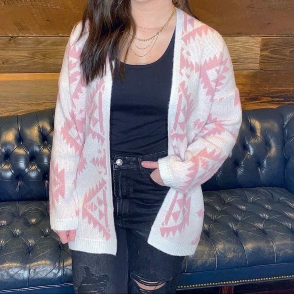 Women's Pink and White Aztec Sweater